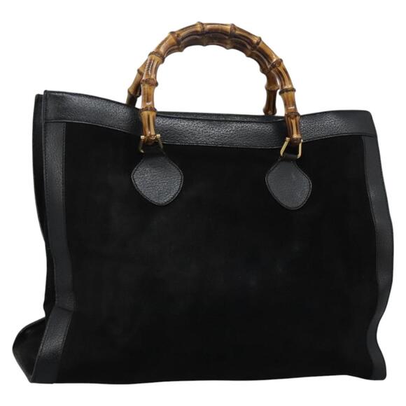 GUCCI Bamboo Hand Bag Suede Leather Black Gold 002 1186 002 1186 - Picture 1 of 16